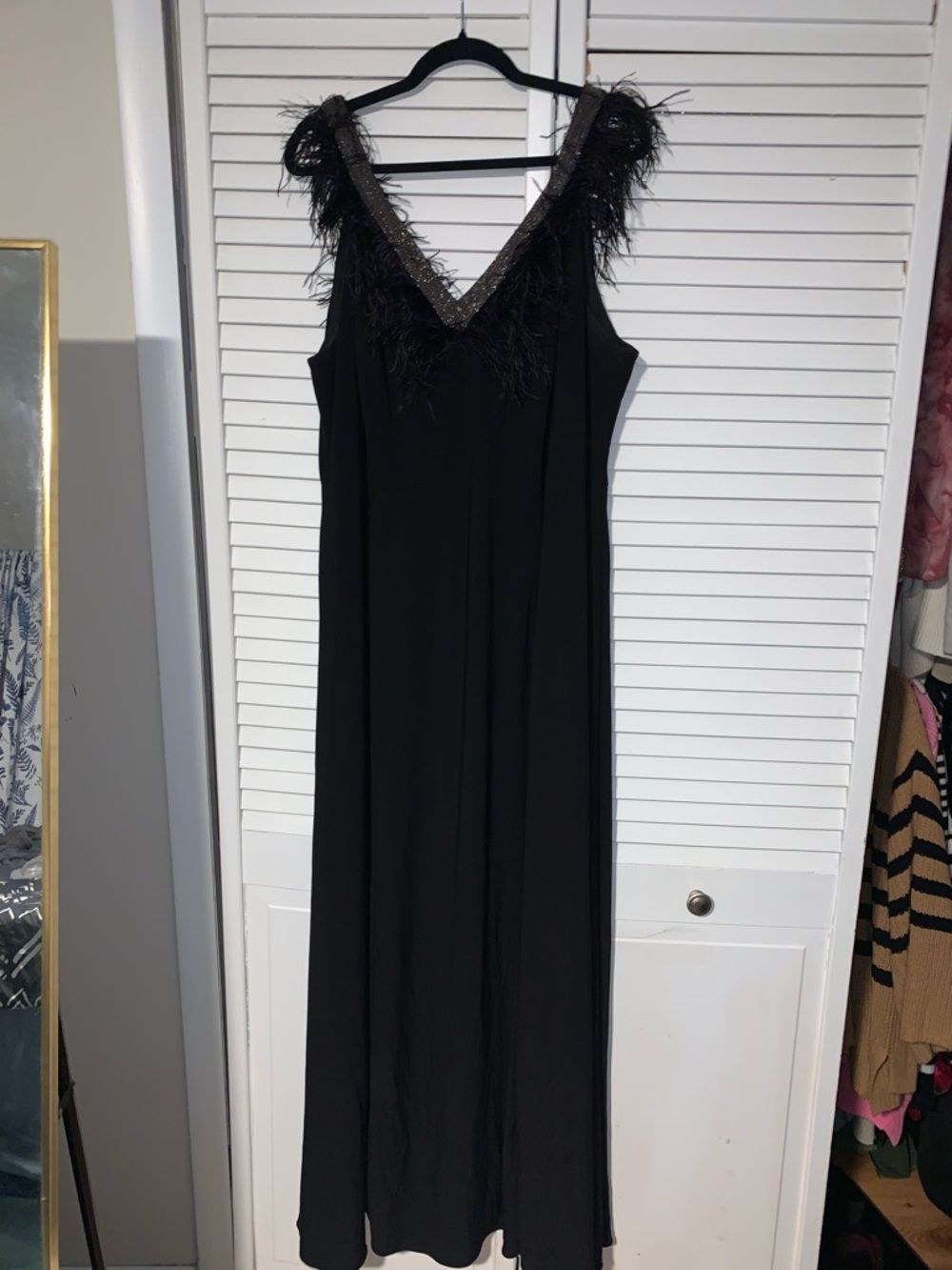 Adrianna Papell Plus Size Women’s Feather Trim V-Neck Sleeveless Gown